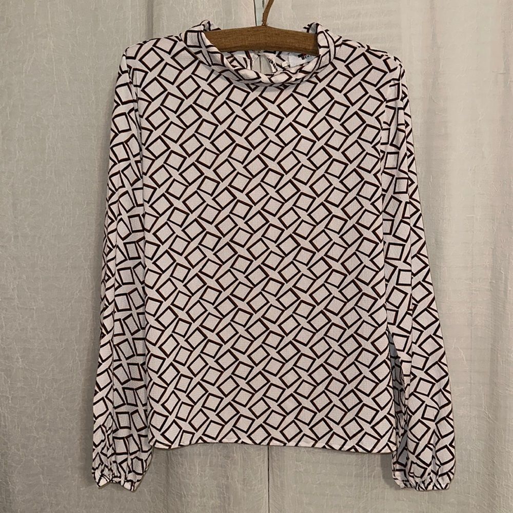 TEMT 12 White Brown Black Geometrical Print Long Sleeve Cowl Collar Blouse